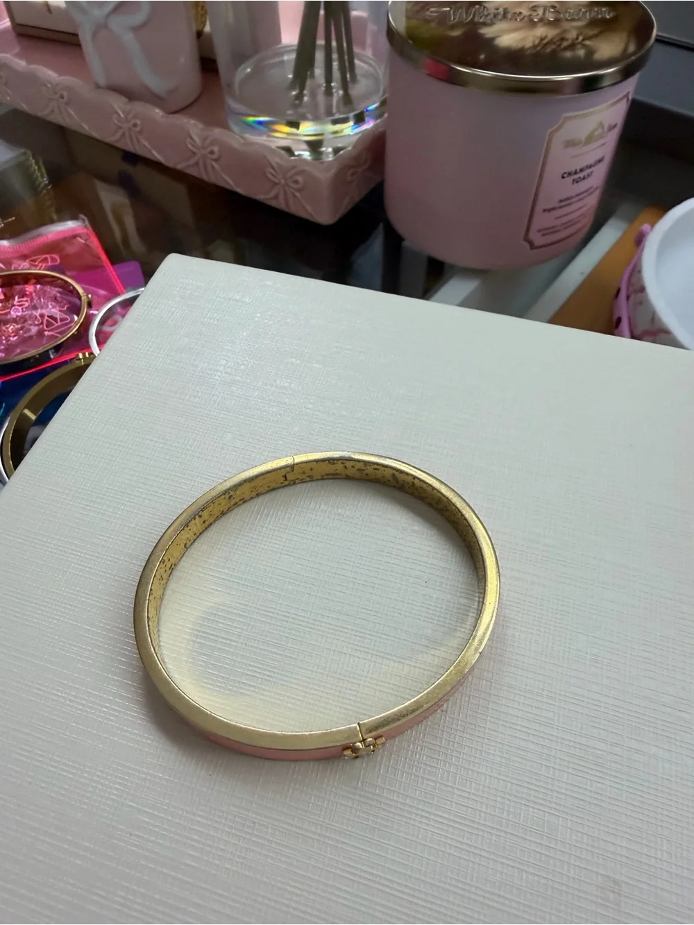 Tory Burch Pink Enamel Logo Hinge Bracelet with Gold-Tone Interior